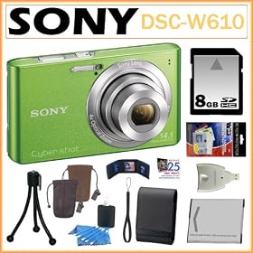 Sony Cyber-shot DSC-W610 14.1 MP Digital Camera with 4x Optical Zoom and 2.7-Inch LCD in Green + 8GB SDHC + 2 Sony Cases + Card Reader + Replacement Battery + Accessory Kit