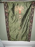 Gold Tree of Life (with Hebrew letters) Wall Hanging (17X24) on Green Dupioni Silk with Jacquard Trim and lined with Dupioni Silk-on Bamboo Hanger