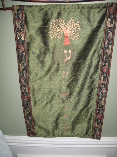 Gold Tree of Life (with Hebrew letters) Wall Hanging (17X24) on Green Dupioni Silk with Jacquard Trim and lined with Dupioni Silk-on Bamboo Hanger