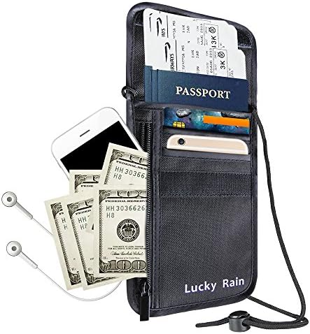 Lucky Rain Travel Passport Wallet Holder with RFID Safe Blocking Hidden Security Neck Passports Pouch Bags Waterproof Travel Document Organizer Pack Pockets Black