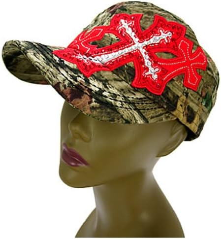 Rockstar Camo Rhinestone Cross Hat Cadet Cap Embroidered Camouflage (Red)