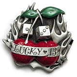 Lucky 13 Flaming Cherries Belt Buckle with Crystal Dice