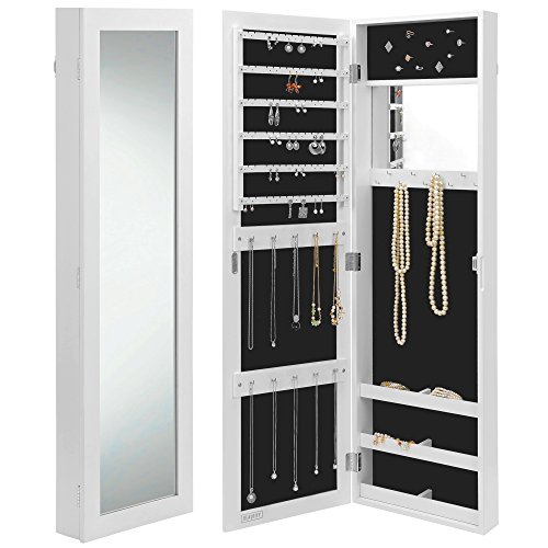 Beautify Mirrored Jewelry Armoire - Door / Wall Mounted Organizer Cabinet with Internal & External Mirror - White