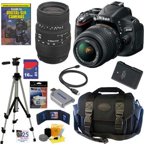 Buy Nikon D5100 16.2MP CMOS Digital SLR Camera with 18-55mm f/3.5-5.6 AF-S DX VR Nikkor Zoom Lens and Sigma 70-300mm f/4-5.6 SLD DG Macro Lens with built in motor + 16GB Deluxe Accessory Kit