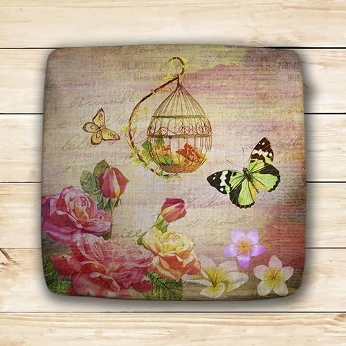 Usaying Bird Cage Butterfly Flowers Memory Foam Cotton Linen Seat Cushion Chair Pad Square 16",one side