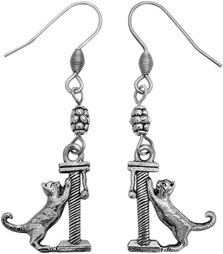 Feline Lovers Pewter Kitty Cat Scratching Posts Charms Wire Dangle Earrings