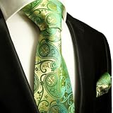Necktie Set 2pcs. gold green wedding Paul Malone 100% Silk Mens Tie + Handkerchief