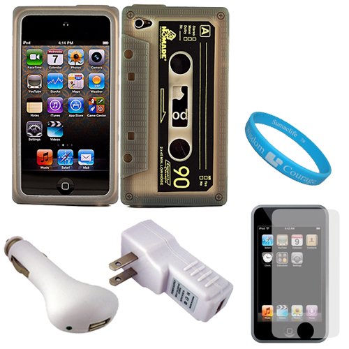 Best Price Retro Smoke Cassette Tape Design Protective Rubberized Silicone Skin Cover Case for Apple iPod Touch 4th Generation (8GB 16GB 32GB) iPod Touch 4 Latest Gen + Clear Screen Protector for iPod Touch 4th Generation LCD Display Screen + USB Car Charger + USB Travel Wall Charger + SumacLife TM Wisdom Courage Wristband