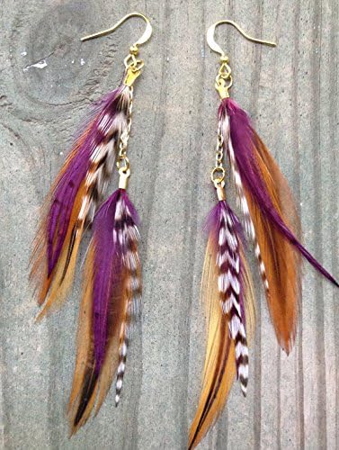 Purple and Brown Natural Feather Earrings