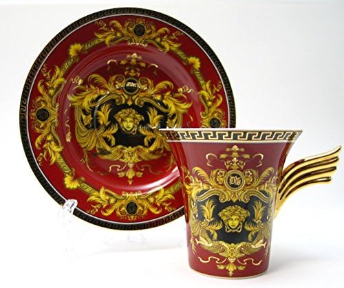 Amazing Porcelain Set of 12 Gold &amp; Red Teaware Espresso Cups 5 oz &amp; Saucers, Greek Pattern Medusa Design Gold-plated Ornament