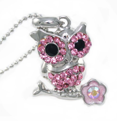Adorable Pink Crystal Owl on Flower Branch Charm Necklace Silver Tone