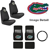 IMAGE OF 7PC UF University of Florida Gators Car Truck SUV Front & Rear Seat Carpet Floor Mats w/ Universal-Fit Bucket Seat Covers & Steering Wheel Cover Auto Accessories Interior Combo Kit Gift Set