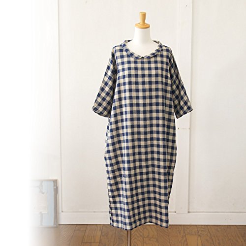(イチ) ICHI コットンリネン生地ギンガムチェック柄後ろ開き７分袖ワンピース フリーサイズ ブルーチェック（C）