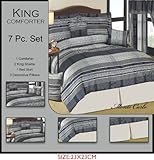 7 Pieces Blue White Grey Stripes Jacquard King Size Comforter Set Bed in Ba ....