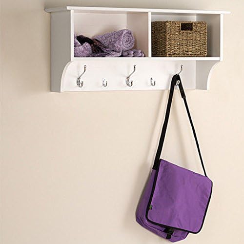 White 3 Ft Entry Hall Shelf with 2 Cubby and 5 Hook Coat Rack. A Wall Mount Storage Hat Rack Makes a Convenient Space Saver That Keeps Your Entryway Organized. Use a Hanging Entryway Shelf to Reduce Clutter.