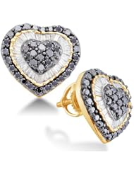 14K White Gold Large Invisible Micro Pave Set Round & White and Black Diamond Heart Stud Earrings with Screw Back Closure - (1.50 cttw)