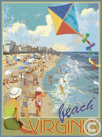 Virginia Beach Kite-Art Deco Style Vintage Travel Poster-by Aurelio Grisanty