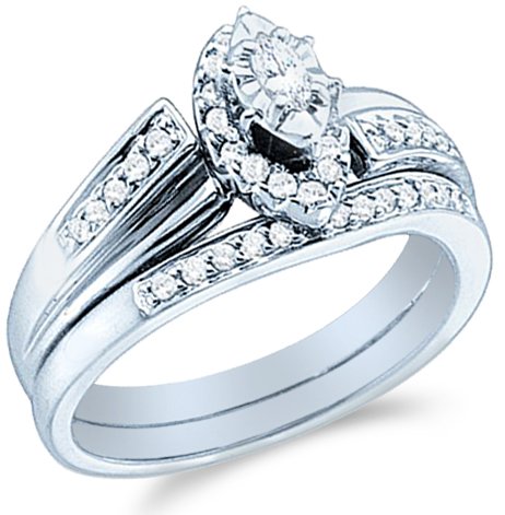 Size - 8 - 14k White Gold Diamond Ladies Womens Bridal Engagement Ring with Matching Wedding Band Two 2 Ring Set Solitaire with 