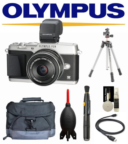 Olympus E-P5 PEN Mirrorless Digital Camera with 17mm f/1.8 Lens and VF-4 Viewfinder (Silver) + Case + Vanguard Tripod + 32GB Deluxe Kit