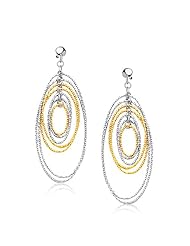 14K Two Tone Gold Layered Textured Oval Dangling Earrings