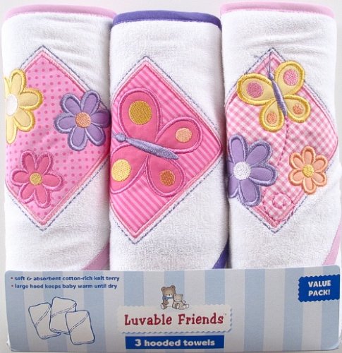 Luvable Friends 3-Pack Patches Hooded Towels, Pink