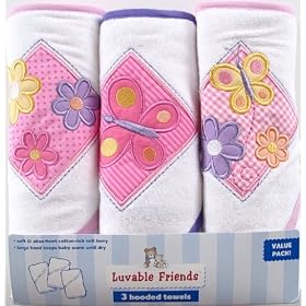 Luvable Friends 3-Pack Patches Hooded Towels, Pink