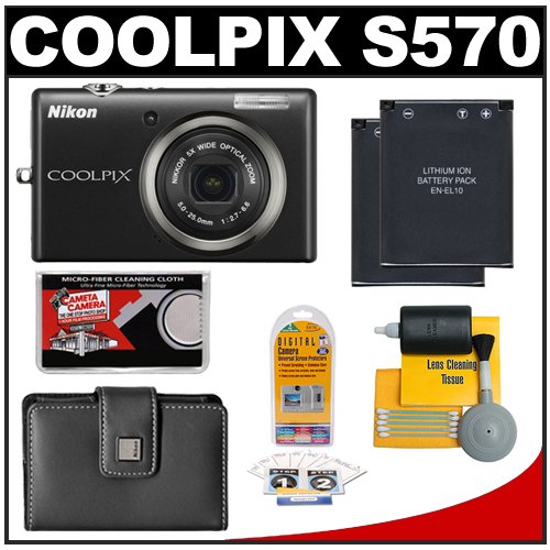Nikon Coolpix S570 12 Megapixel Digital Camera (Black) with 5x Optical Zoom + (2x) EN-EL10 Battery Packs + Leather Case + Accessory Kit