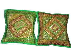 2 Green Gold Zardozi Indian Sari Throw Pillow Cushion Covers 16x16
