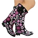 New Womens Wide Calf Black Flower Festival Wellies Wellingtons
