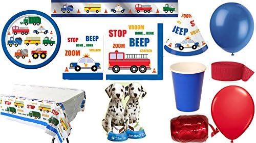 For a Boy Who Enjoys Trucks, Fire Engines, &amp; Police Cars This Party Pack Includes a Table Cover, Banner, Cups, Napkins, Plates, Treat Bags, Invitations, Hats, Ribbon, Streamer, &amp; Balloons 134 Pieces!