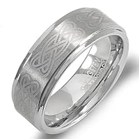 Tungsten Carbide Men's Ladies Unisex Ring Wedding Band 8MM (5/16 inch) Celtic Ridged Edges Laser Engraved Brushed and Polished Comfort Fit (Available in Sizes 8 to 12) size 9