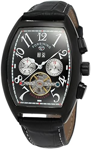 Men's Tonneau Automatic Movement Tourbillon Calendar Wrist Watch Synthetic Leather Band Black