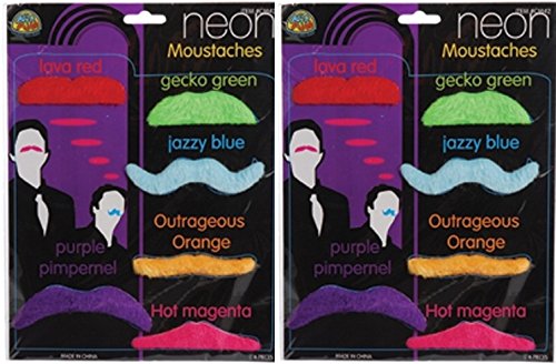 Mustache Party Pack - 12 Neon Color Fake Mustaches Moustaches