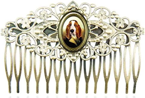 Filigree hair comb with with oval glass cabochons protecting a design with a dog dressed up an army general
