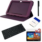 GTMax Purple 360 Degree Rotating Folio Leather Cover Case with Built-in Stand + 3 X LCD Screen Protector Film Guard + Bluetooth Wireless Fullsize Keyboard + Universal Stylus + Mini Brush for Samsung Galaxy Tab 8.9inch GT-P7300 P7310