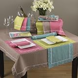 Embroidered Swiss Dot Design Runner. 55% Linen - 45% Cotton Woven. Aqua, 16 Inch X72 Inch Oblong. One piece .