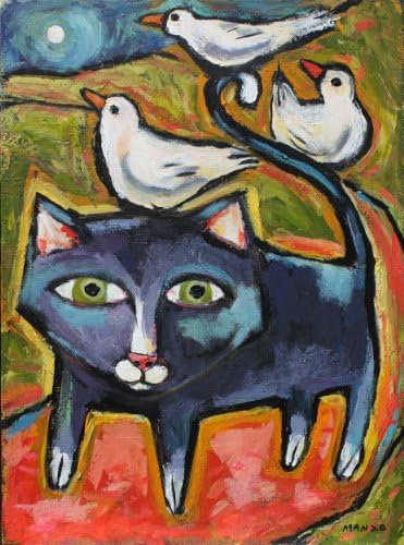 Balancing Act Is a Giclee Print of an Original Painting By John Manzo, Showing in Vivid Color a Whimsical Cat Balancing 3 Birds on His Head in a Display of Patience and Harmony
