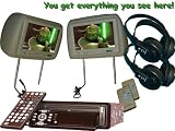 9 Headrests (2 Beige units) With a 1 DIN Car DVD Player and 2 Black Wireless Headphones