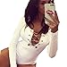 Blooming Jelly Women's Long Sleeve Lace Up Deep V Neck Short Bodysuit Playsuit White S