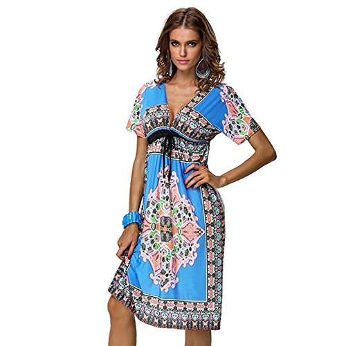 Weixinbuy Women Floral Short Sleeve Sundress V-Neck Mini Dress Skirt