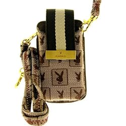 Licensed Brown Bunny Print Playboy Elegant Vertical Cellphone Pouch with Magnetic Flap to Secure Phone and Shoulder Length Strap