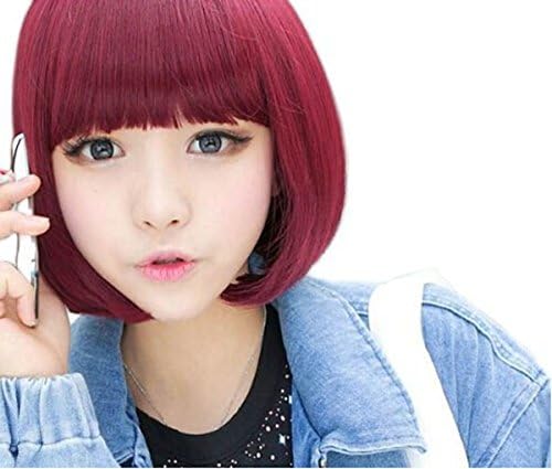 SuperWigy® Wigs for Girls' Hot Sale Wine Red Short Bob Straight Hair Full Bangs Party Wig