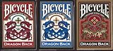 自転車ドラゴンバックカードを再生する3デッキは1金、1ブルー＆1赤デッキを設定します。 Bicycle Dragon Back Playing Cards 3 Deck Set 1 Gold, 1 Blue & 1 Red Deck 設定