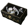Handmade Mother Of Pearl, Black Lacquer & Gold Jewelry Box With Mirror - Phoenix & Tree Peony Design