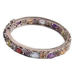 Indian Jewellery Handmade Sterling Silver Multi Gemstone Bracelet Dia 2.25 Inches