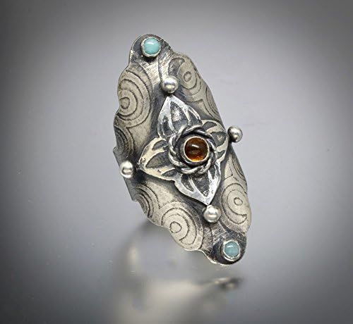 Elaborate Medieval Style Ring in Sterling Silver with Amber and Amazonite