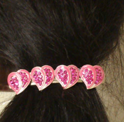 Four Sparkling Fuchsia Crystals on Silver Plated Heart Buttons on French Barrette Hair Clip