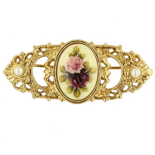 Childrens Toyshop  Jewelry : Vintage Collection Gold Tone Filigree Roses Motif Pearl Brooch