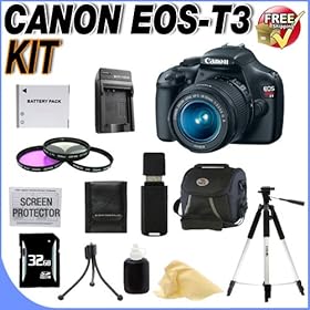 Canon EOS Rebel T3 12.2 MP CMOS Digital SLR with 18-55mm IS II Lens (Black) W/32GB SDHC Memory +Extra LPE10 Battery + AC/DC Charger + 3 Piece 58mm Filter Kit + Deluxe Case w/Strap + Full Size Tripod + USB Card Reader + Memory Card Wallet + Accessory Kit