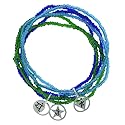 Sterling Silver "Love Create Dream" Charms on Set of 6 Green Light Blue & Dark Blue Seed Bead Chakra Bracelets